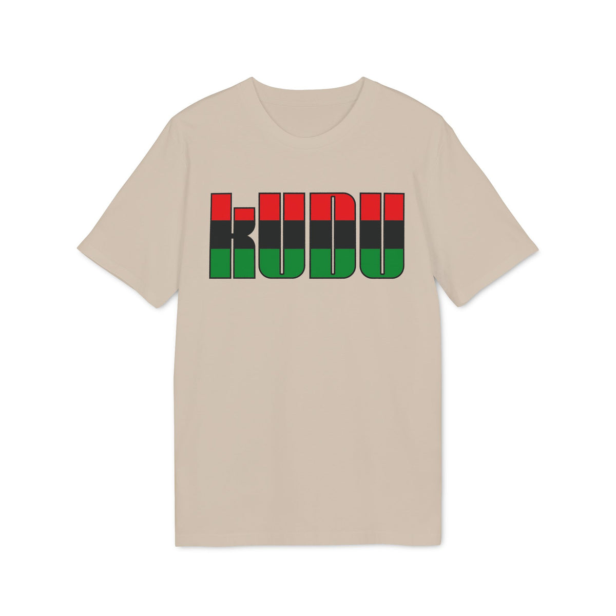 T-shirt with large "KUWU" text in red, black, and green blocks.