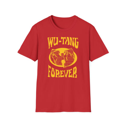 Red t-shirt with yellow Wu-Tang Forever graphic and globe logo.