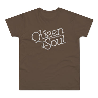 Brown t-shirt with white text "The Queen of Soul Aretha Franklin".