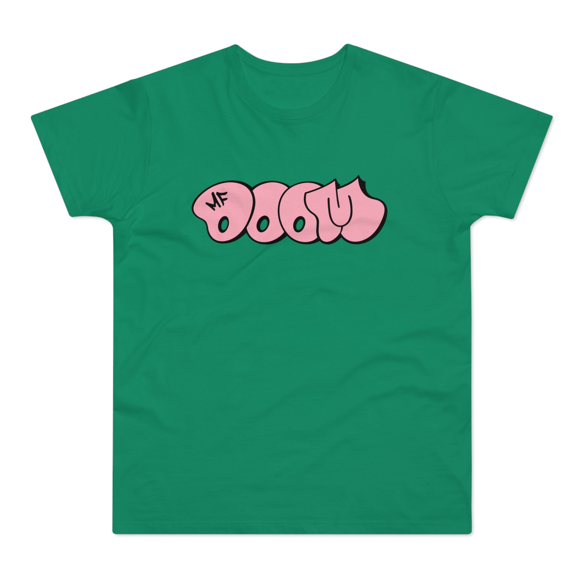 Green t-shirt with pink bubble lettering that says "MF DOOM".