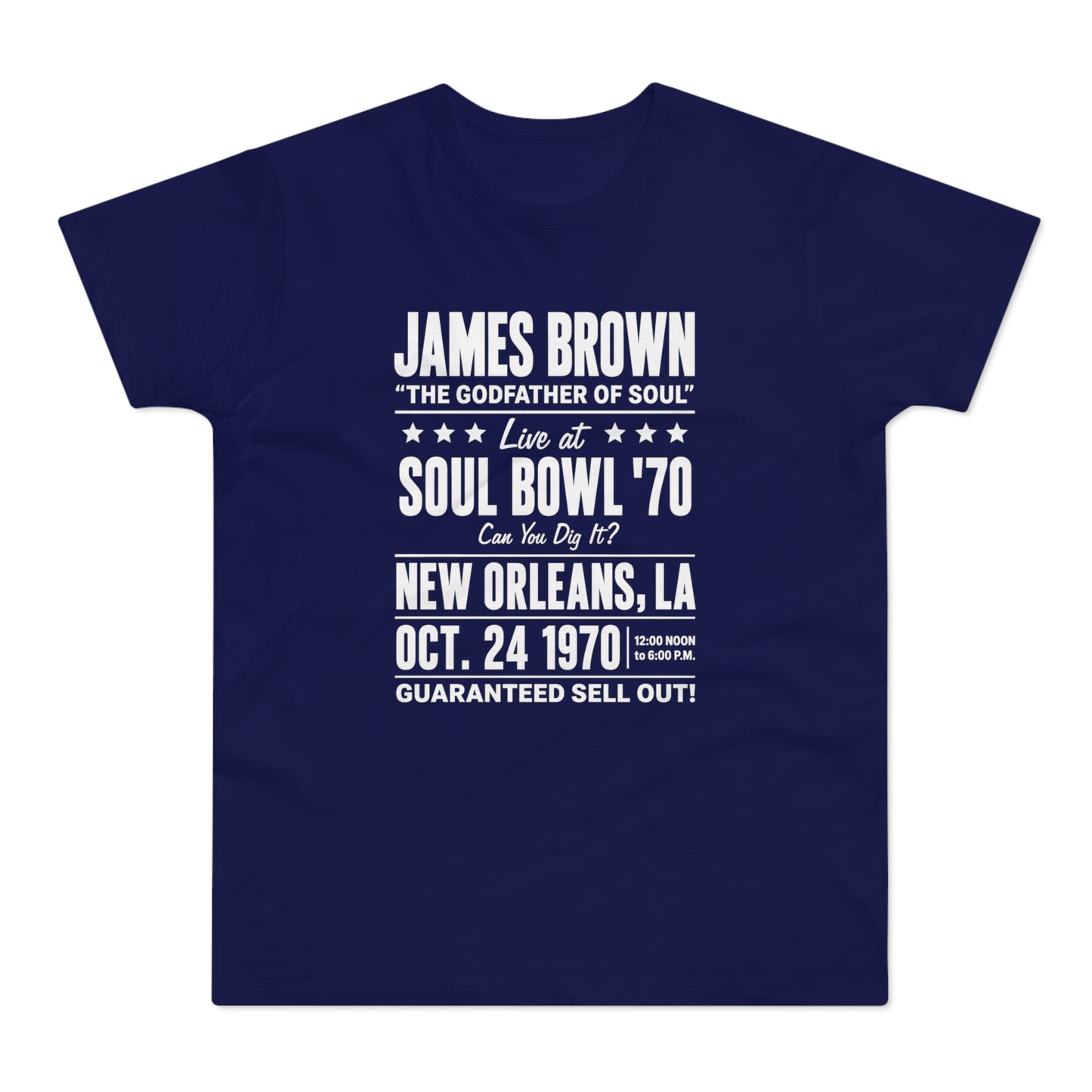 Navy t-shirt with James Brown Soul Bowl '70 concert details in white text.