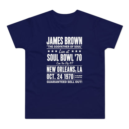 Navy t-shirt with James Brown Soul Bowl '70 concert details in white text.