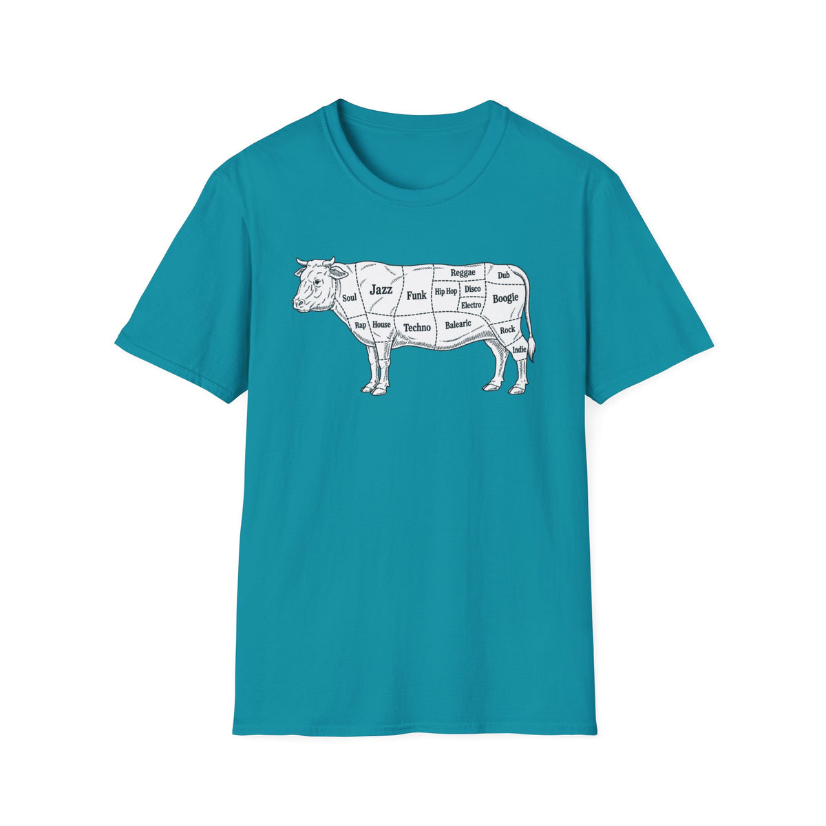 Teal t-shirt with a line drawing of a cow labeled with music genres.