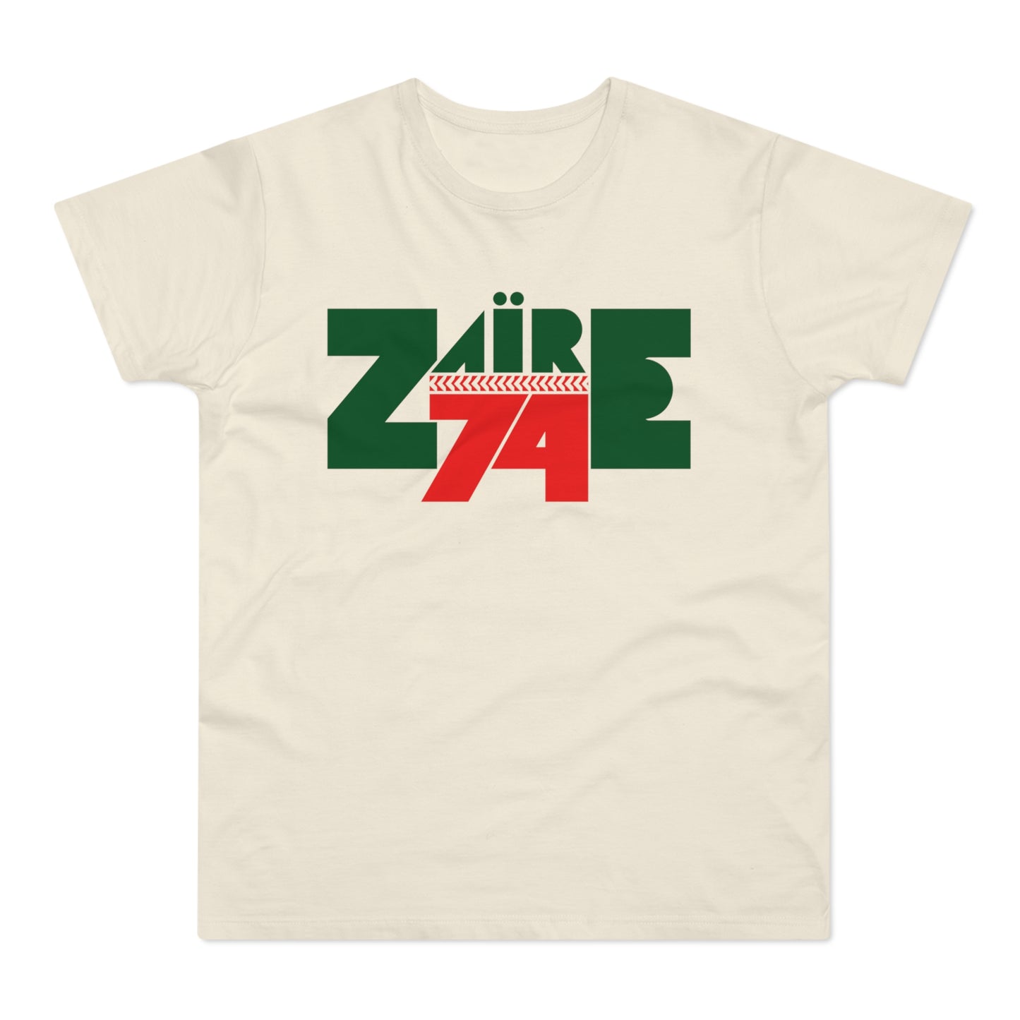 Cream t-shirt with green Zaire text and red 74 below.