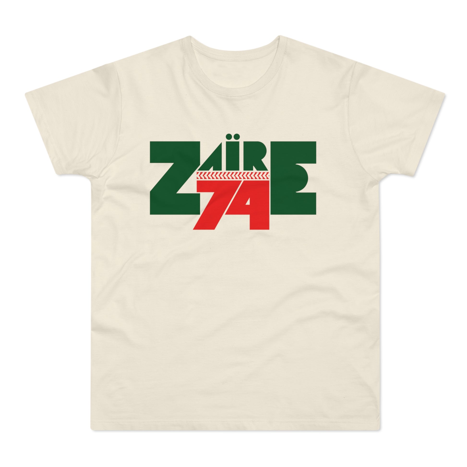 Cream t-shirt with green Zaire text and red 74 below.
