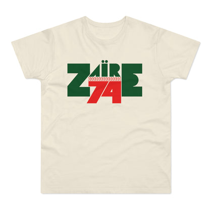 Cream t-shirt with green Zaire text and red 74 below.