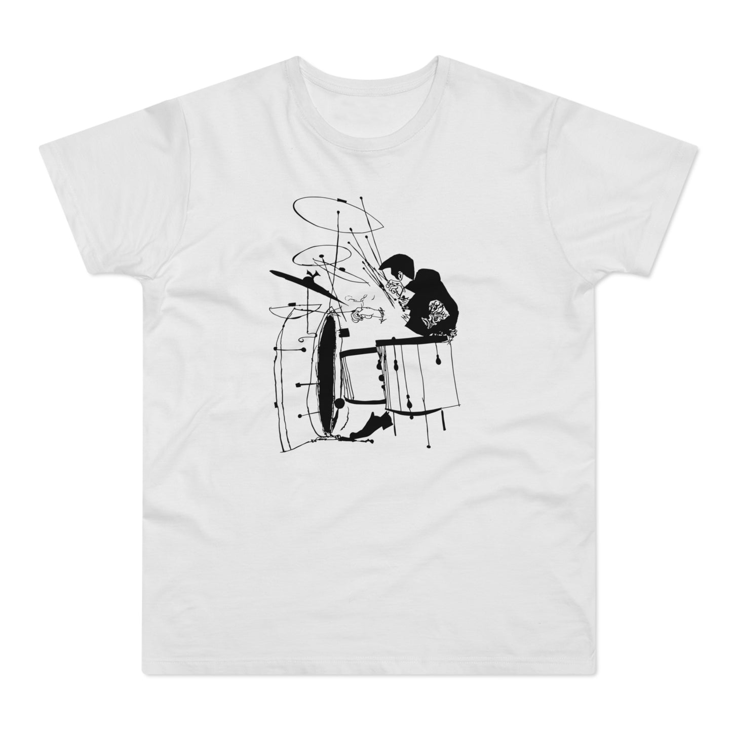 Black ink sketch of a drummer playing a drum set on a white t-shirt.