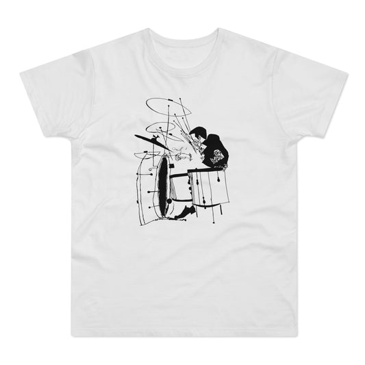 Black ink sketch of a drummer playing a drum set on a white t-shirt.