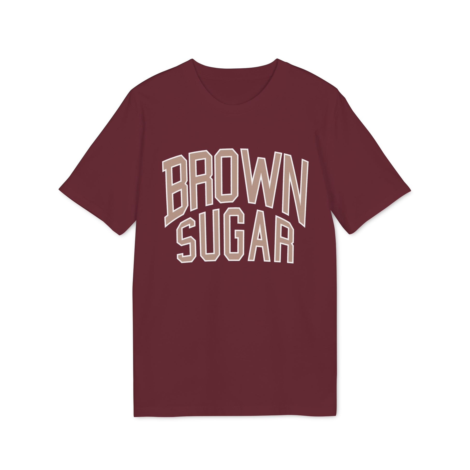 Maroon t-shirt with "BROWN SUGAR" text in cream and light brown collegiate font.