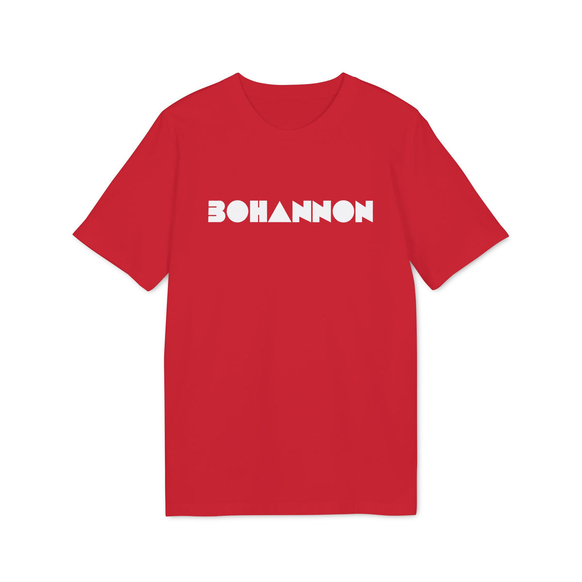 Red t-shirt with white geometric "BOHANNON" text logo on the front.