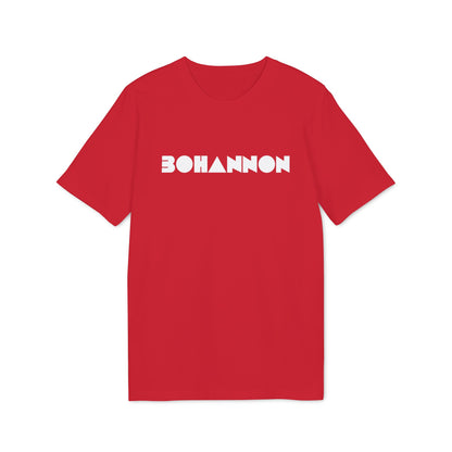 Red t-shirt with white geometric "BOHANNON" text logo on the front.