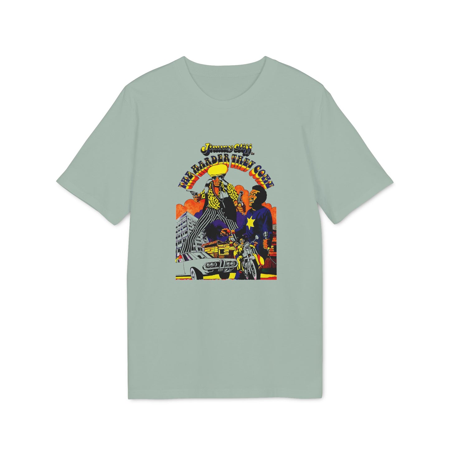 T-shirt with "Jimmy Cliff The Harder They Come" artwork featuring two figures, car, and motorcycle.