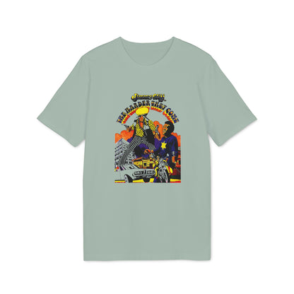 T-shirt with "Jimmy Cliff The Harder They Come" artwork featuring two figures, car, and motorcycle.