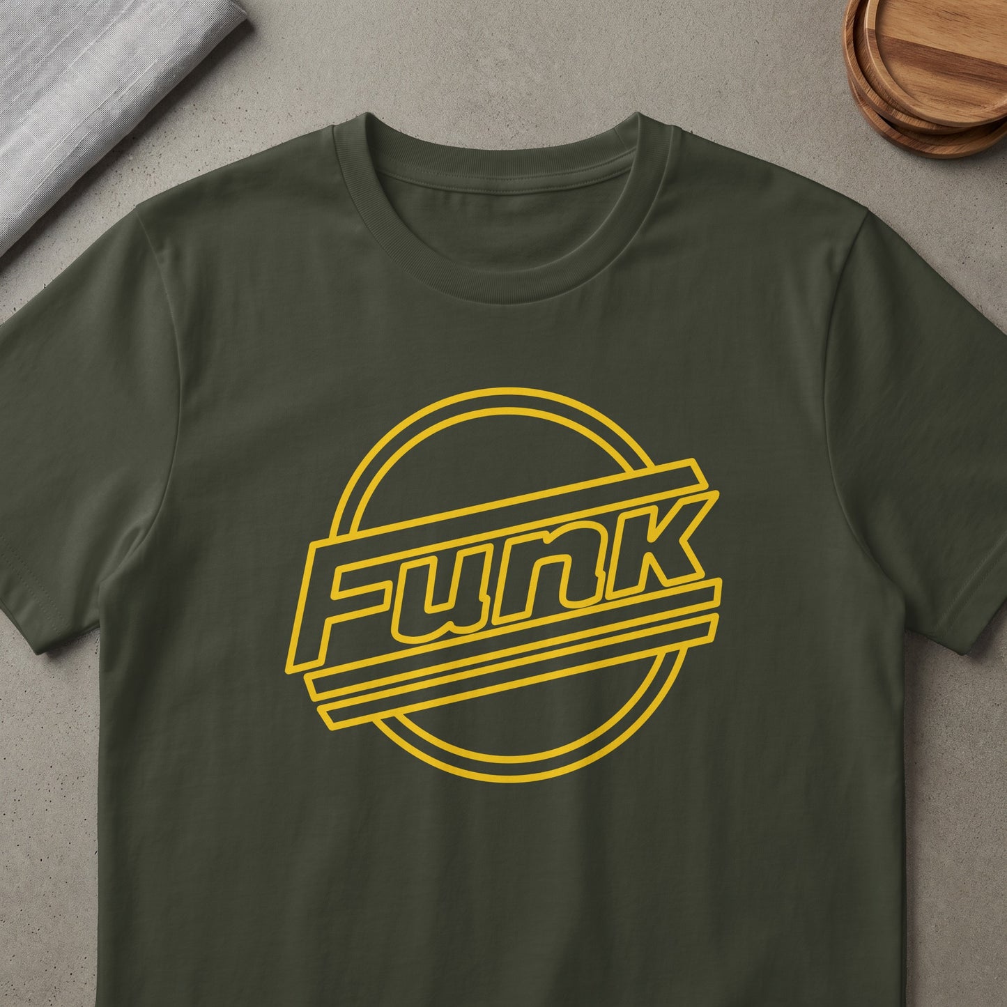 Dark green t-shirt with yellow "Funk" graphic inside a circle.