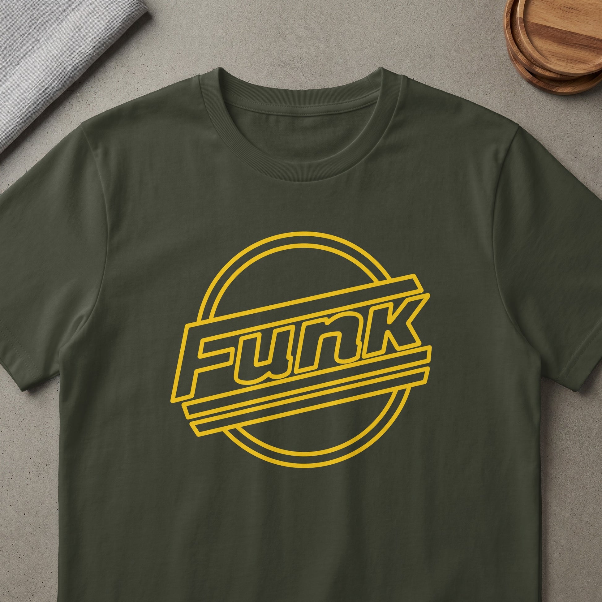 Dark green t-shirt with yellow "Funk" graphic inside a circle.