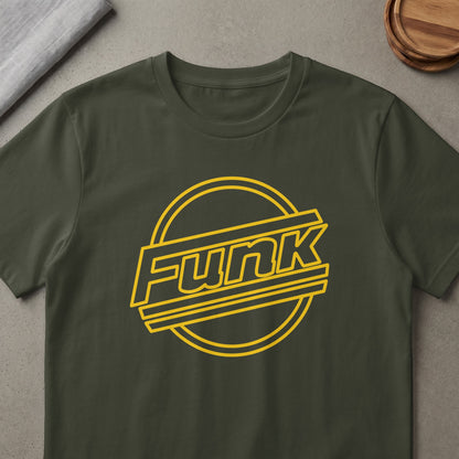 Dark green t-shirt with yellow "Funk" graphic inside a circle.