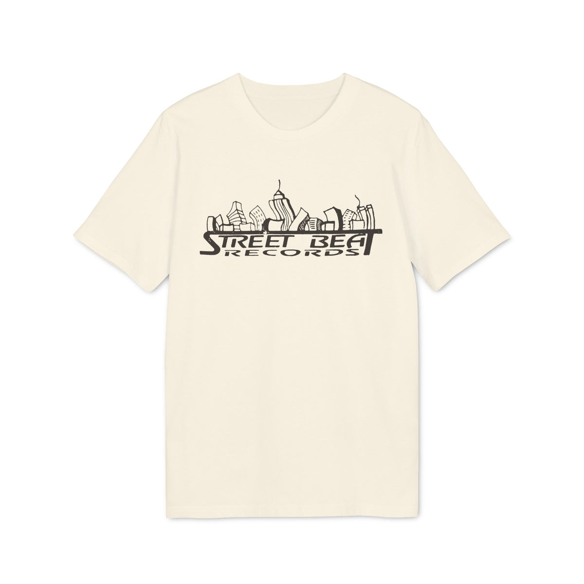 Cream t-shirt with "Street Beat Records" text and city skyline graphic.