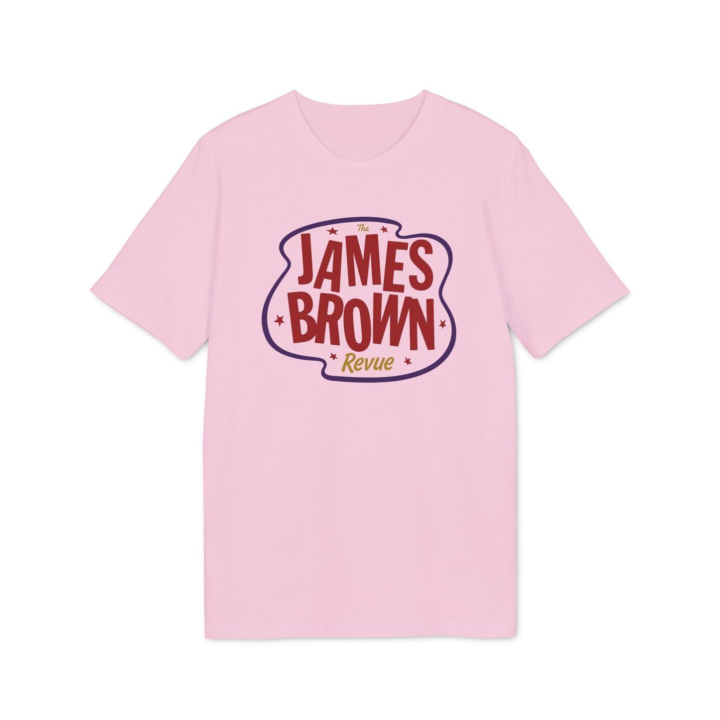 Pink t-shirt with "The James Brown Revue" in a stylized bubble font.