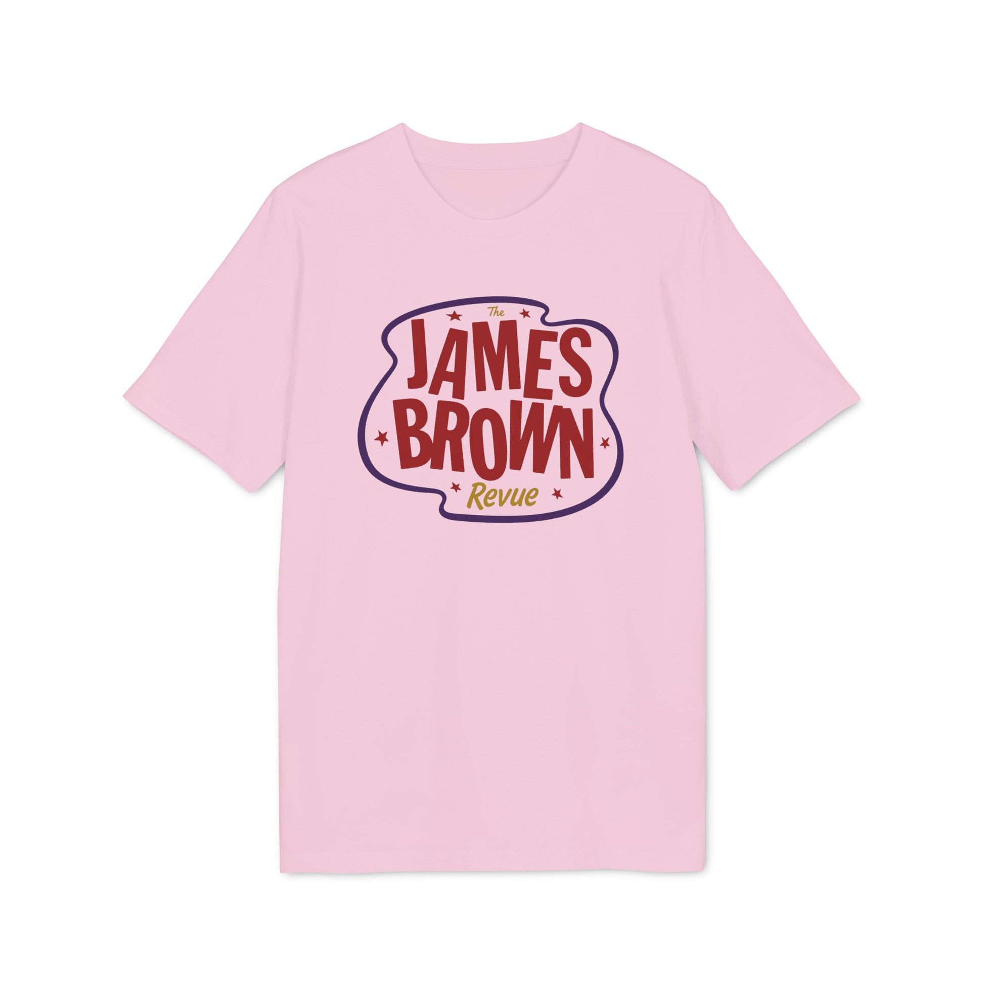 Pink t-shirt with "The James Brown Revue" in a stylized bubble font.