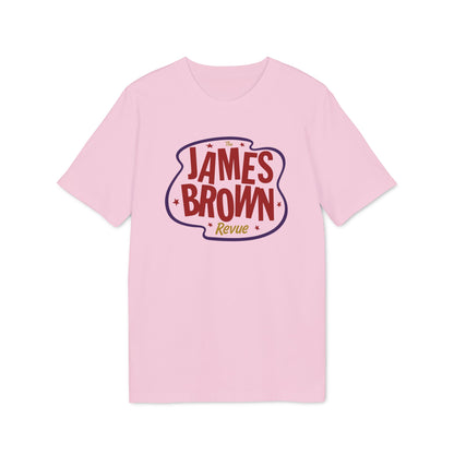 Pink t-shirt with "The James Brown Revue" in a stylized bubble font.