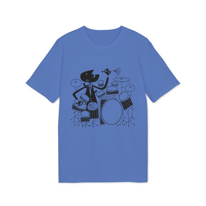 Blue t-shirt with a black graphic of a cartoon character playing a drum set.