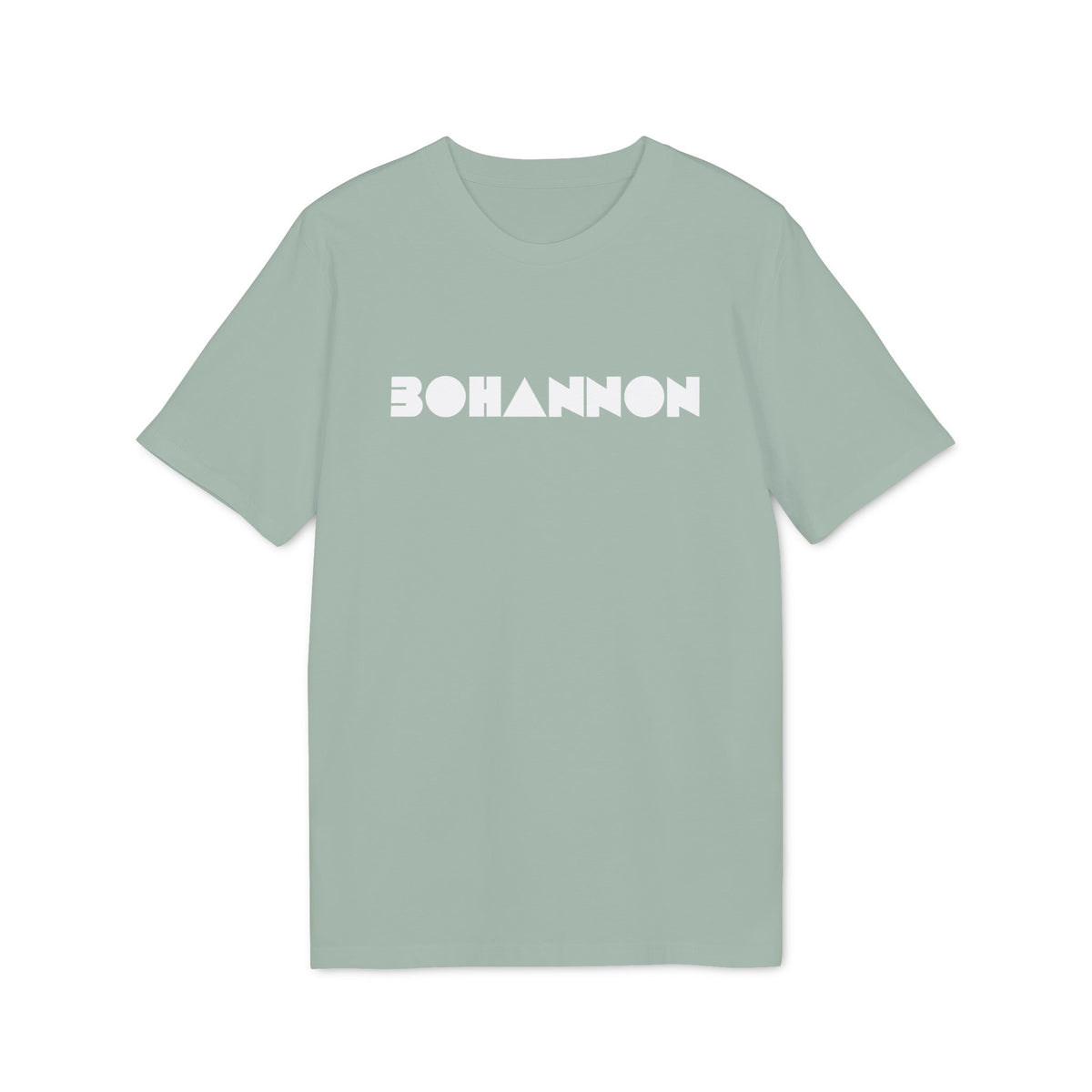 Light green t-shirt with white "BOHANNON" text and geometric shapes.