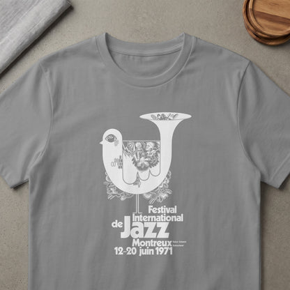Montreux Jazz Festival 1971 t-shirt with white dove graphic and text.