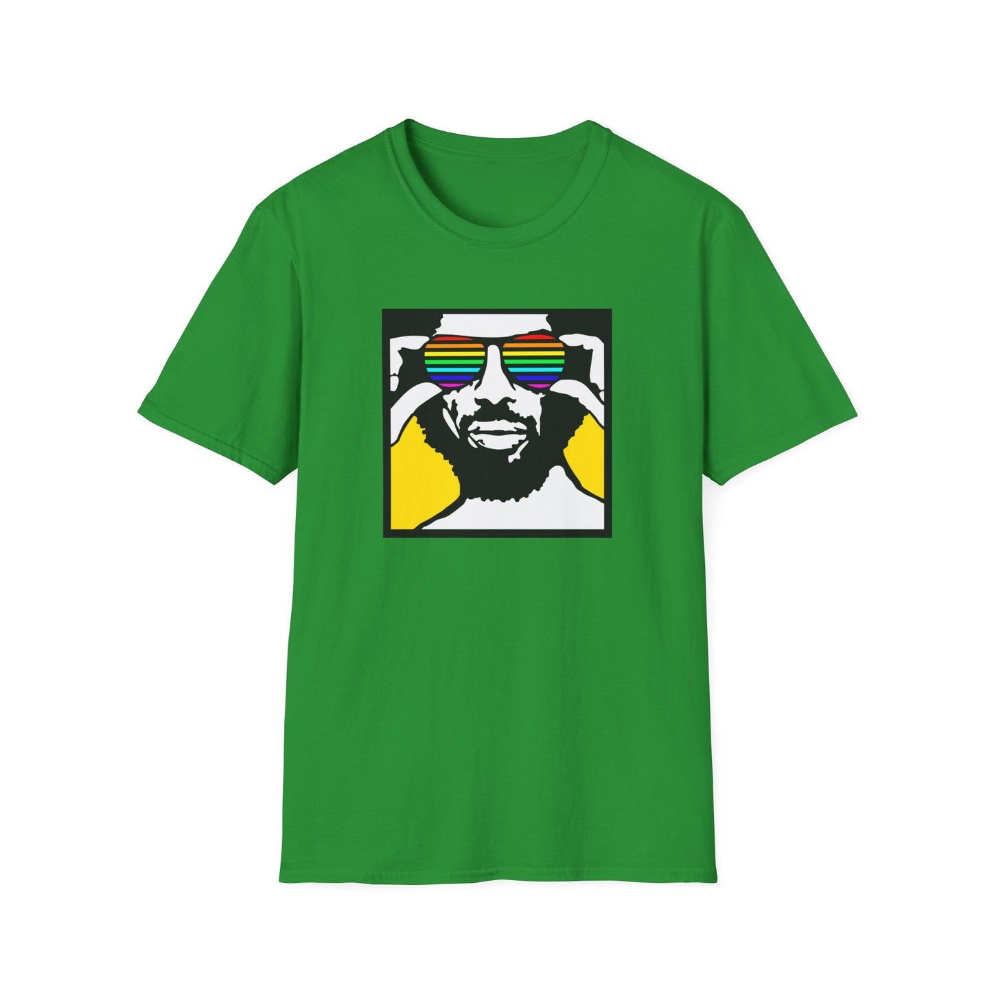 Green t-shirt with graphic of a person wearing rainbow sunglasses.