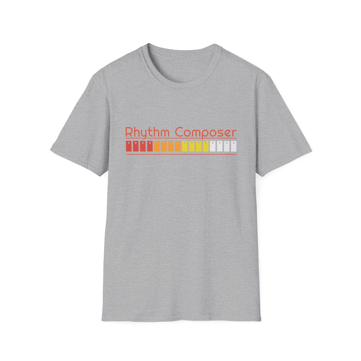 Grey t-shirt with "Rhythm Composer" text and colorful sequencer graphics.