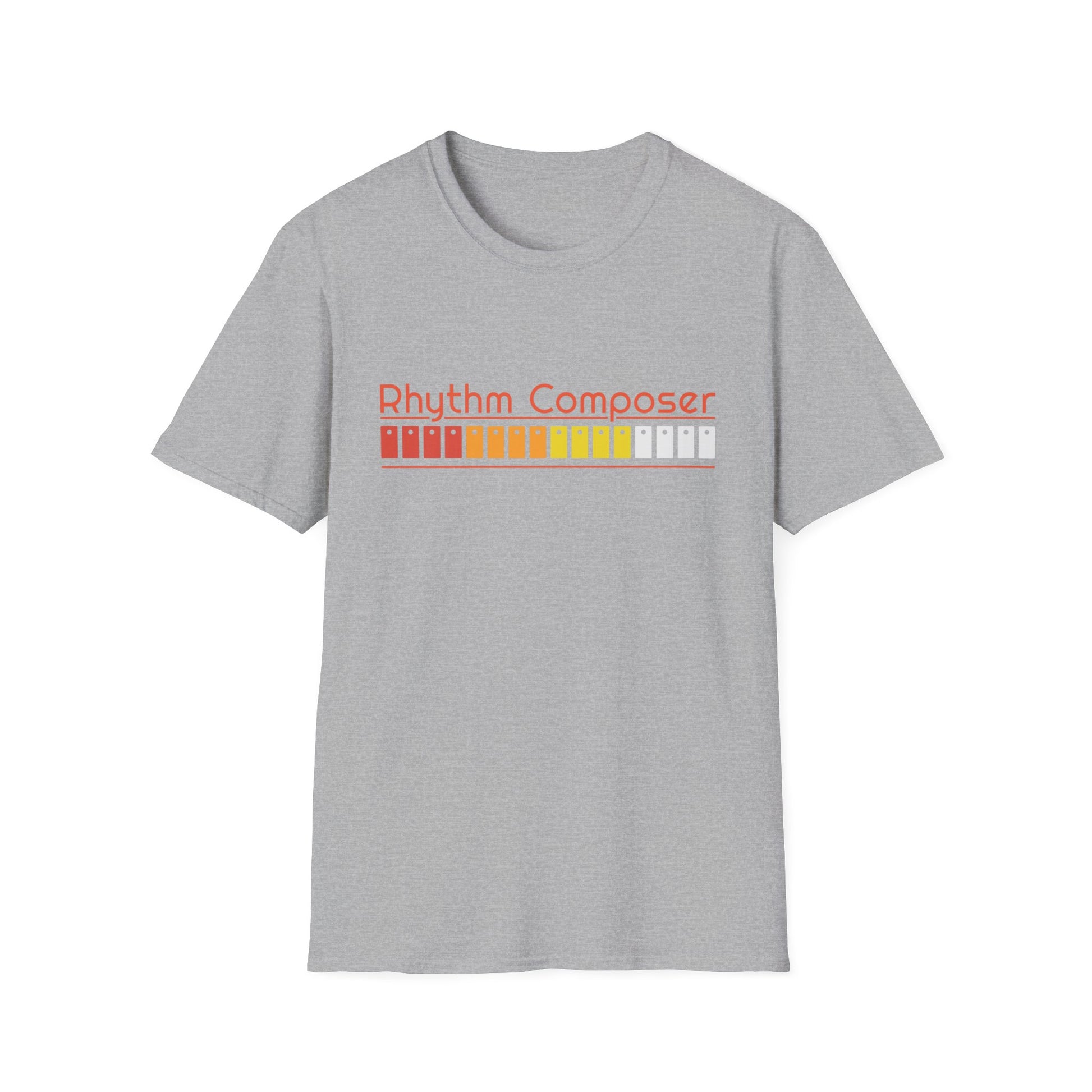 Grey t-shirt with "Rhythm Composer" text and colorful sequencer graphics.