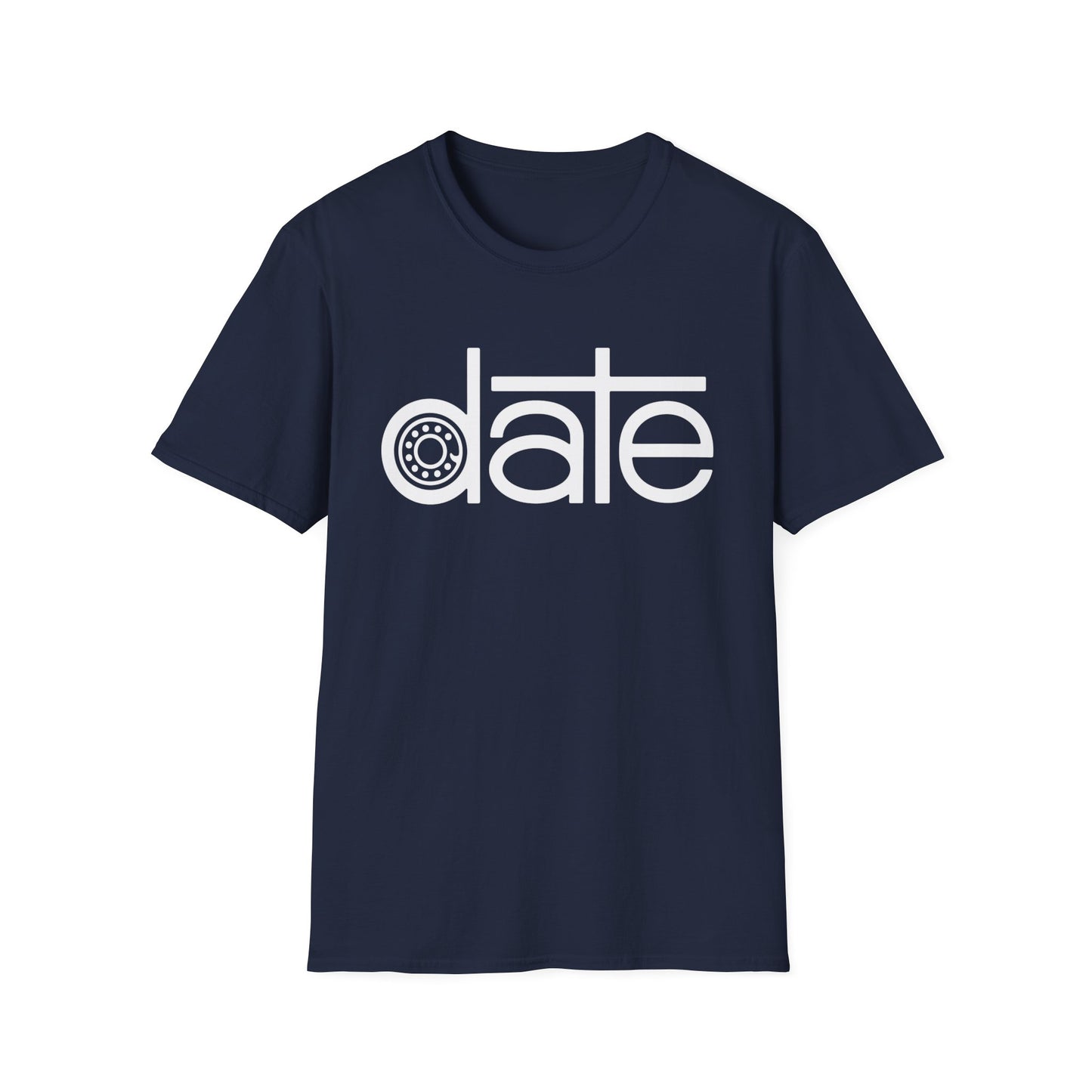 Navy t-shirt with white text reading "date", the "a" replaced by a rotary phone dial.