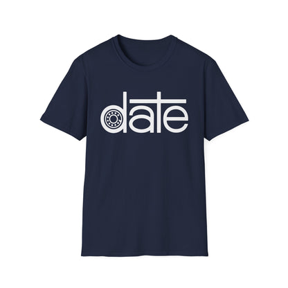 Navy t-shirt with white text reading "date", the "a" replaced by a rotary phone dial.