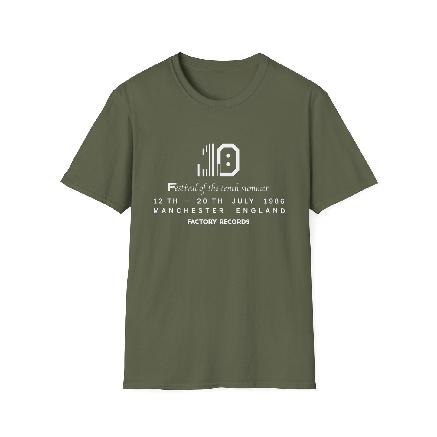 Green t-shirt with white text: Festival of the tenth summer, 12-20 July 1986, Manchester England, Factory Records.