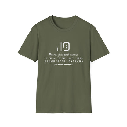 Green t-shirt with white text: Festival of the tenth summer, 12-20 July 1986, Manchester England, Factory Records.