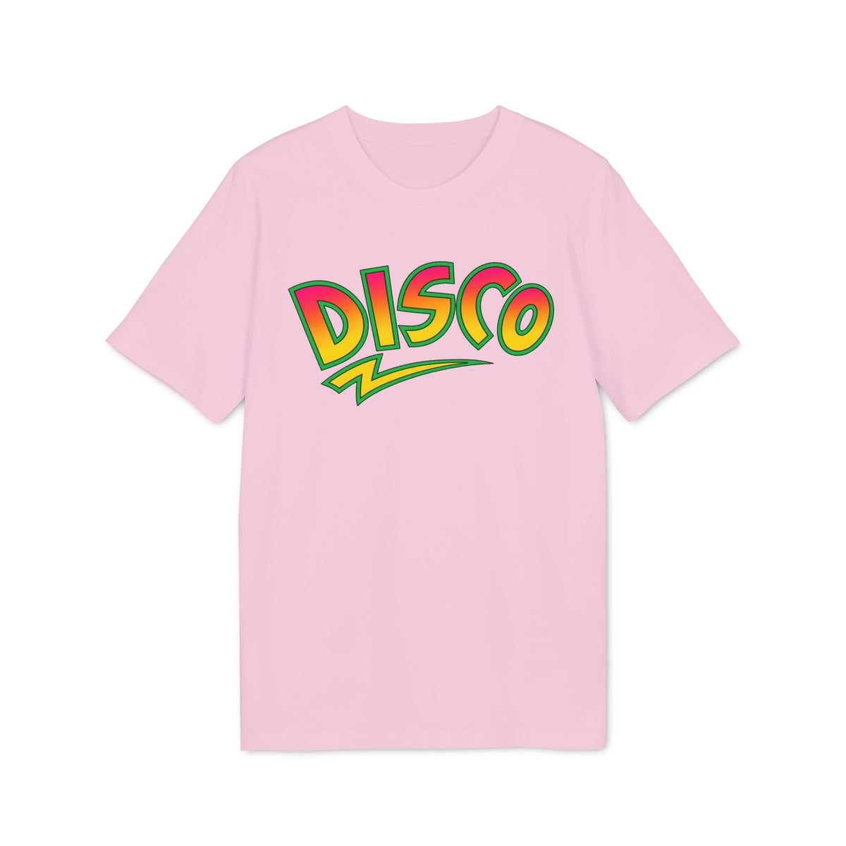 Pink t-shirt with a colorful "DISCO" graphic in retro lettering.
