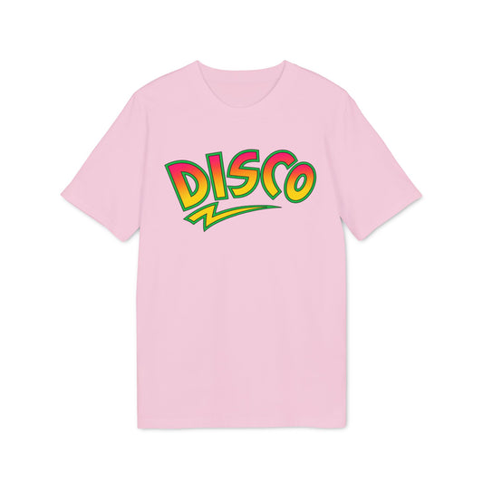 Pink t-shirt with a colorful "DISCO" graphic in retro lettering.