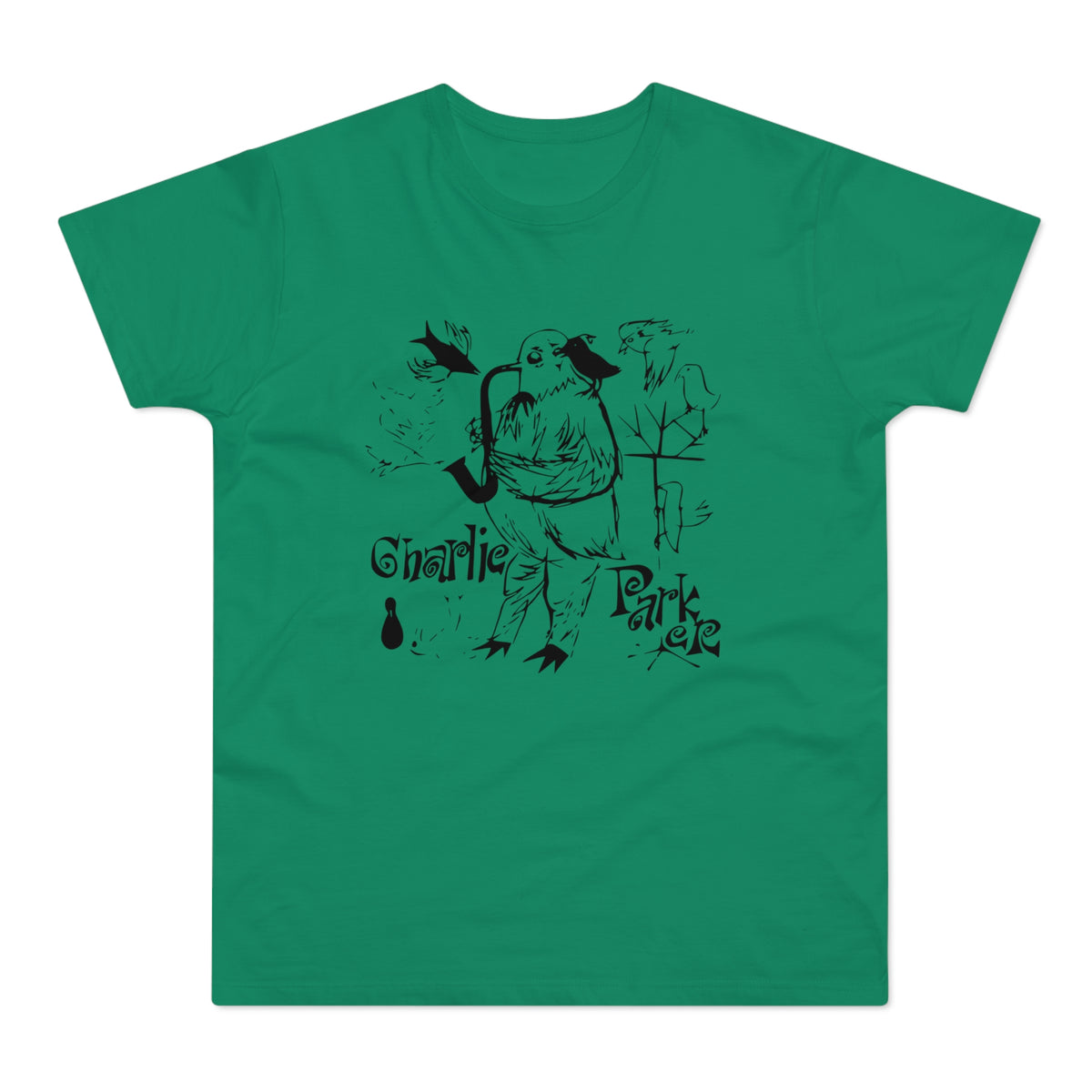 Black ink illustration of a bird playing saxophone on a green t-shirt, with text "Charlie Parker".