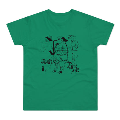 Black ink illustration of a bird playing saxophone on a green t-shirt, with text "Charlie Parker".