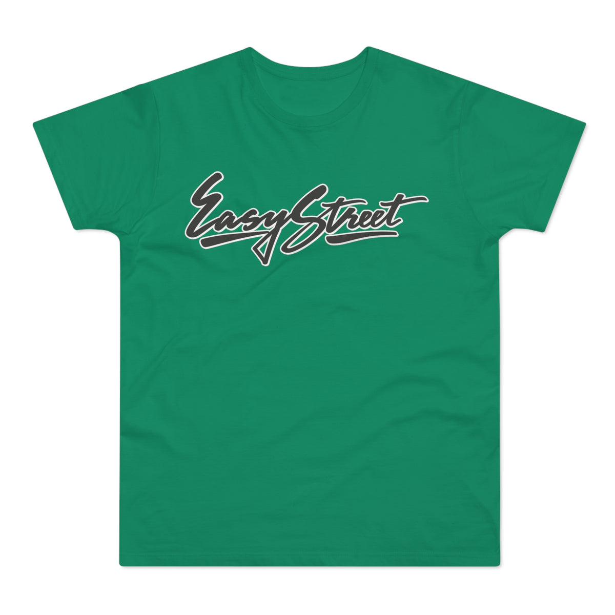 Green t-shirt with black and white "Easy Street" script logo.