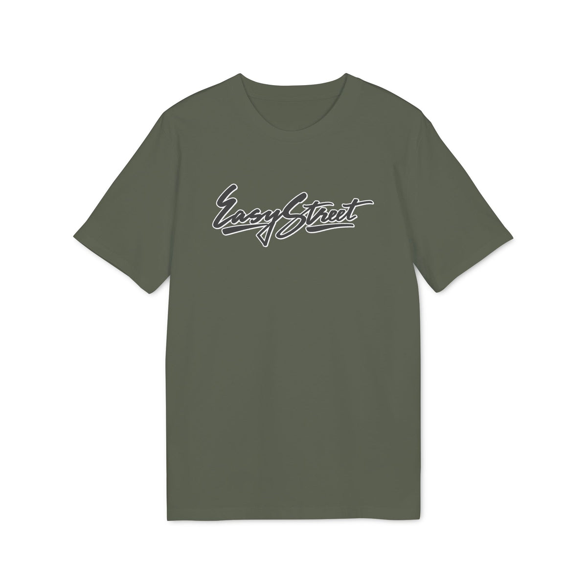 Olive green t-shirt with "Easy Street" script logo in white.