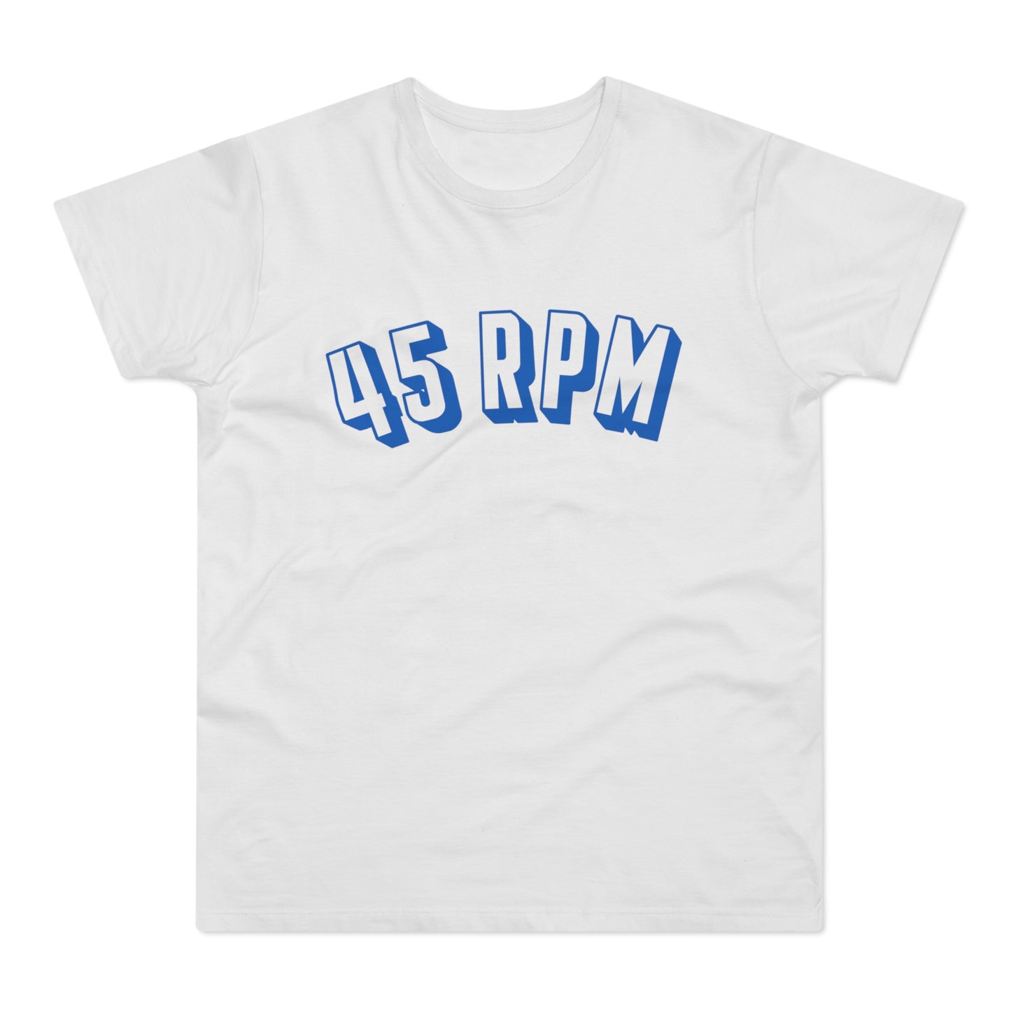 White t-shirt with blue "45 RPM" text on the chest.
