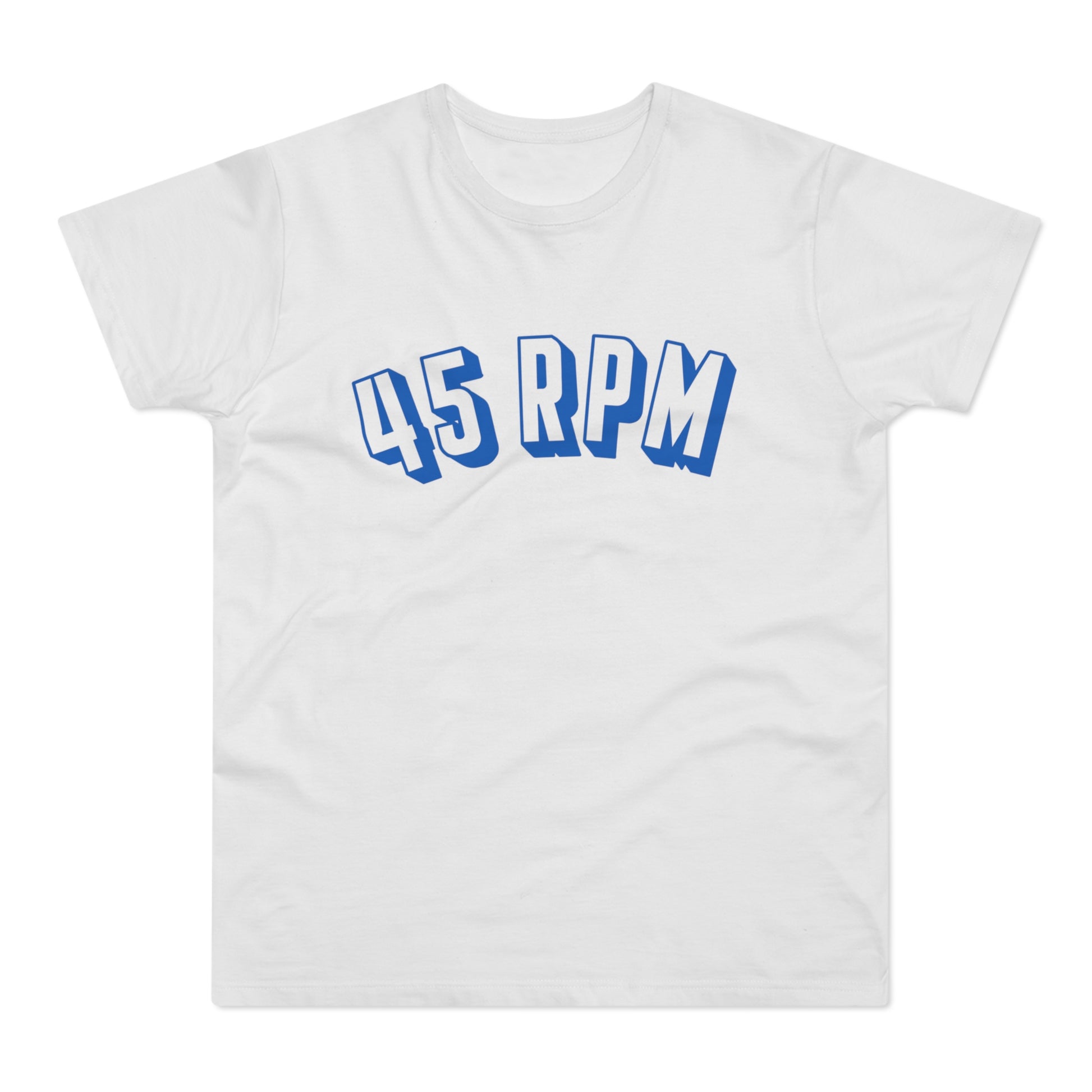 White t-shirt with blue "45 RPM" text on the chest.