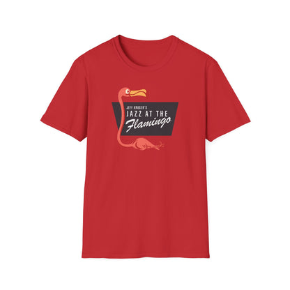 Red t-shirt with a flamingo and "Jeff Kruger's Jazz at the Flamingo" text.