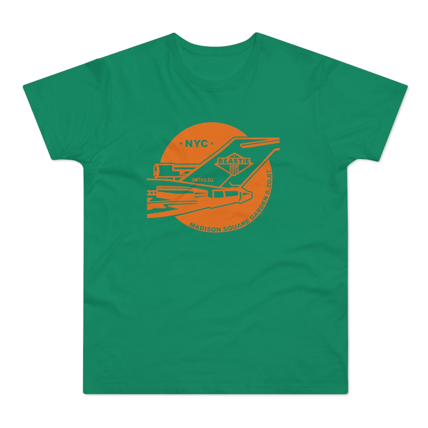Green t-shirt with orange Beastie Boys NYC Madison Square Garden 8.20.87 graphic.