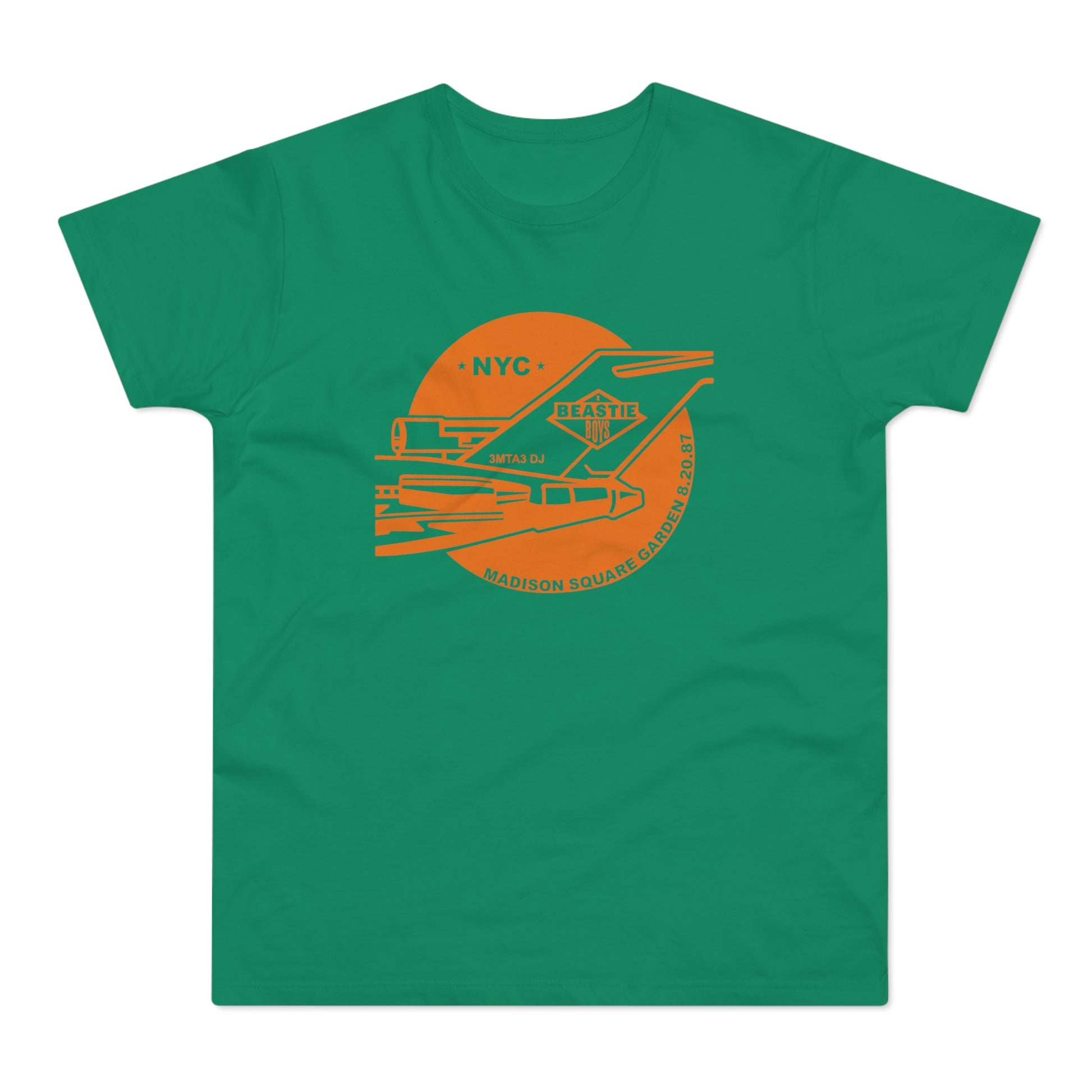 Green t-shirt with orange Beastie Boys NYC Madison Square Garden 8.20.87 graphic.