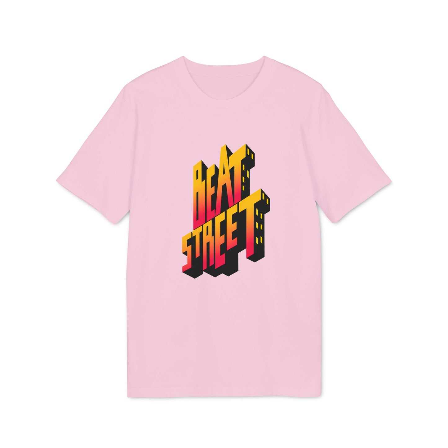 Pink t-shirt with a 3D "BEAT STREET" graphic in yellow and orange.
