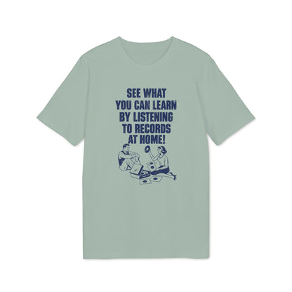 T-shirt with text "See what you can learn by listening to records at home!" and vintage illustration.