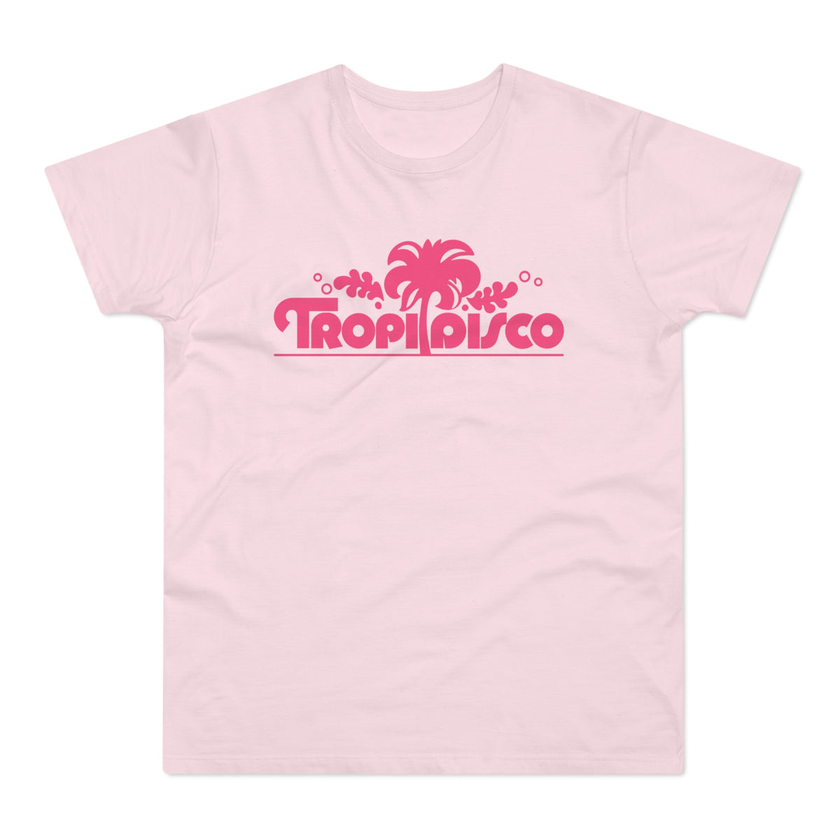 Pink t-shirt with "Tropi Disco" text and palm tree graphic.