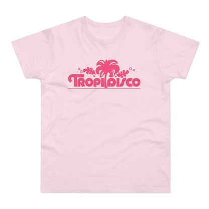 Pink t-shirt with "Tropi Disco" text and palm tree graphic.