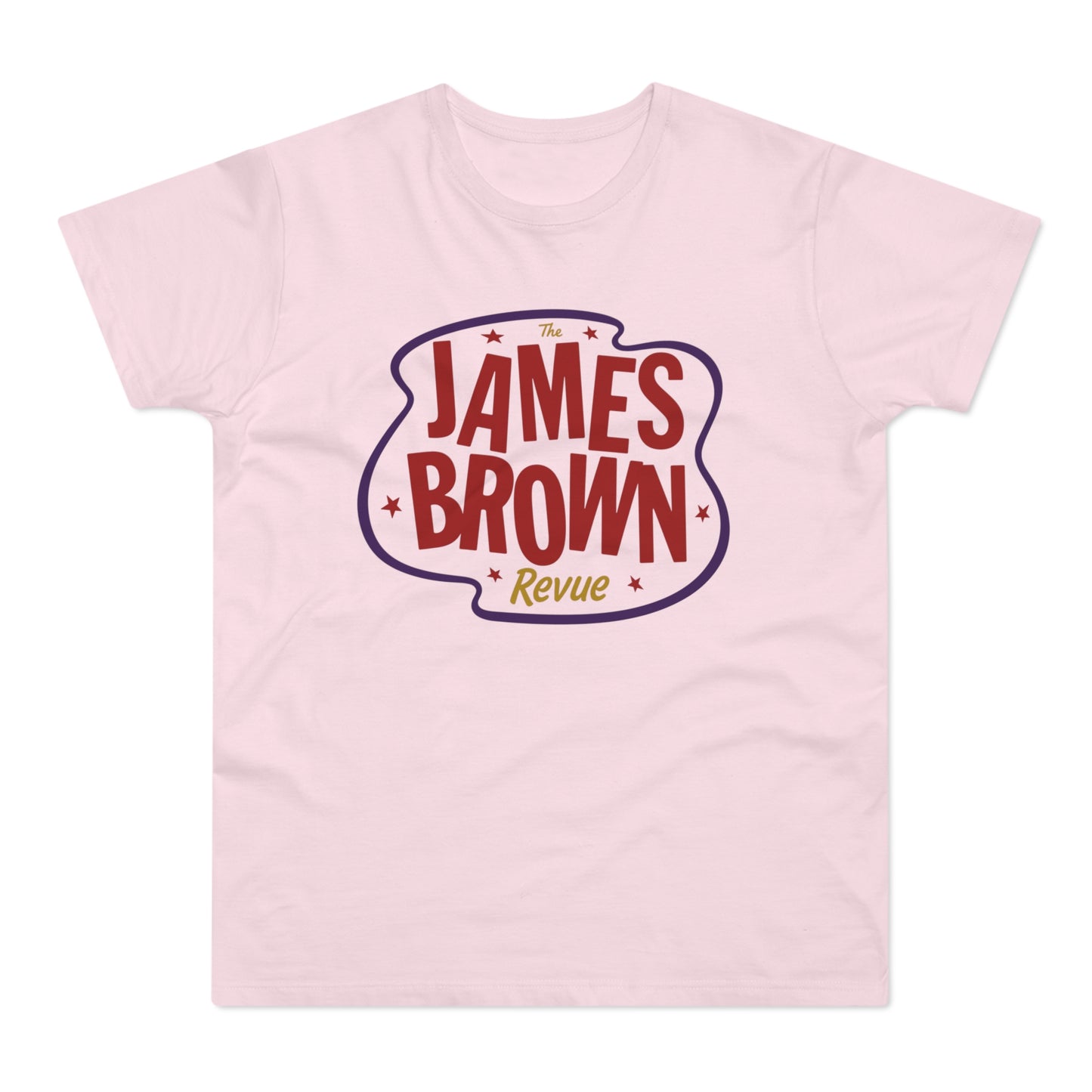 Pink t-shirt with "The James Brown Revue" text in a wavy border.